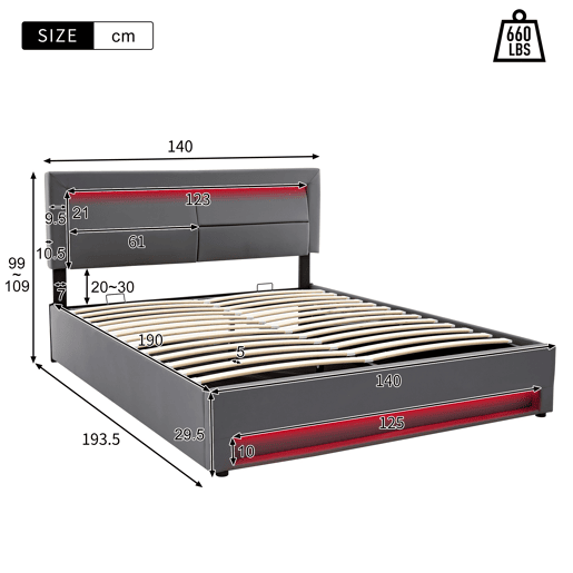 Cama estofada 140x190 - com porta USB, carregamento sem fios e com fios, iluminação LED e armazenamento - Cinza