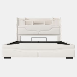 Cama Polsterbett 160x200cm - Cama hidráulica com função de carregamento USB, luzes LED, cabeceira com arrumação, bege