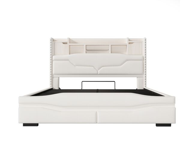 Cama polsterbett 160x200cm - cama hidráulica con función de carga usb, luces led, cabezal con almacenamiento, beige