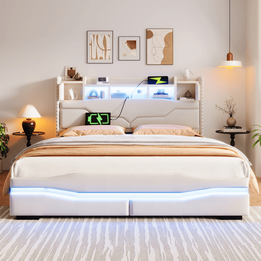 Cama Polsterbett 160x200cm - Cama hidráulica com função de carregamento USB, luzes LED, cabeceira com arrumação, bege