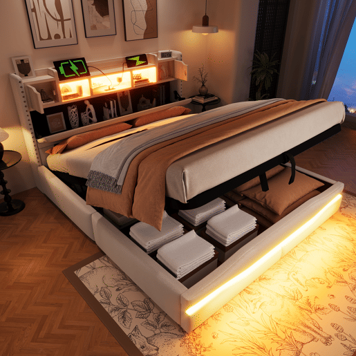 Cama Polsterbett 160x200cm - Cama hidráulica com função de carregamento USB, luzes LED, cabeceira com arrumação, bege