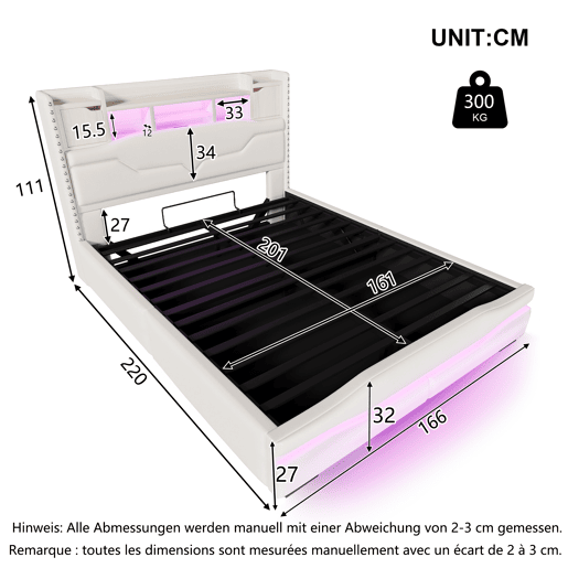 Cama Polsterbett 160x200cm - Cama hidráulica com função de carregamento USB, luzes LED, cabeceira com arrumação, bege
