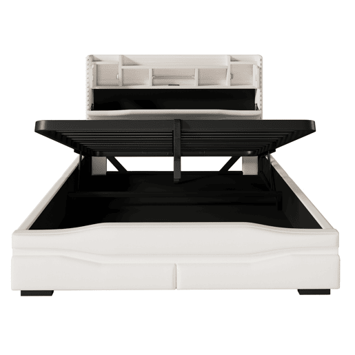 Cama Polsterbett 160x200cm - Cama hidráulica com função de carregamento USB, luzes LED, cabeceira com arrumação, bege