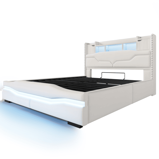 Cama Polsterbett 160x200cm - Cama hidráulica com função de carregamento USB, luzes LED, cabeceira com arrumação, bege