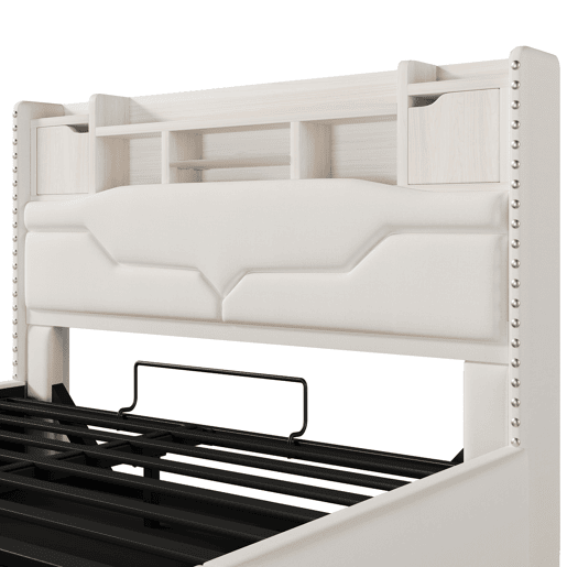 Cama Polsterbett 160x200cm - Cama hidráulica com função de carregamento USB, luzes LED, cabeceira com arrumação, bege