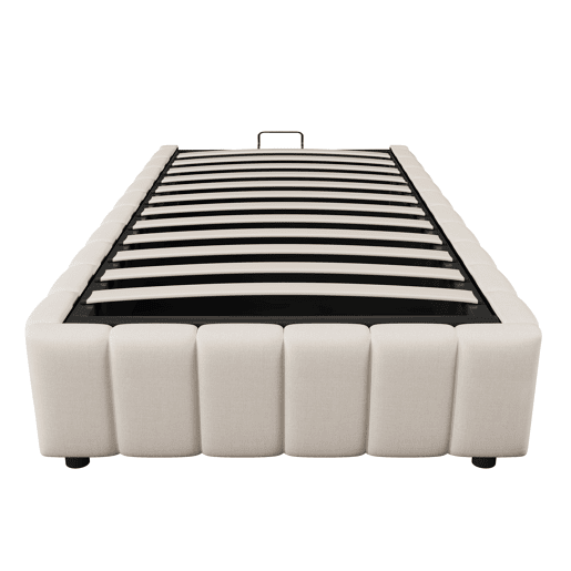 Cama estofada, 90x200 cm - armazenamento hidráulico, sem cabeceira, sem colchão - Bege