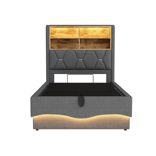 Cama infantil 90x200 cm - Hidráulica com armazenamento, faixa LED controlada por APP, porta USB, estrado de lâminas de metal, estofamento em linho - Cinza