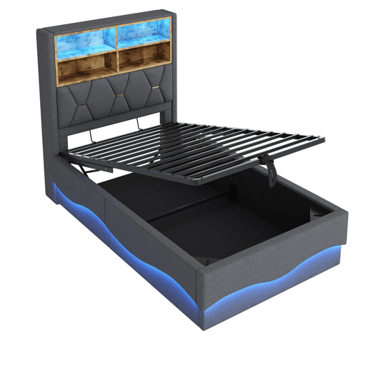 Cama infantil 90x200 cm - Hidráulica com armazenamento, faixa LED controlada por APP, porta USB, estrado de lâminas de metal, estofamento em linho - Cinza
