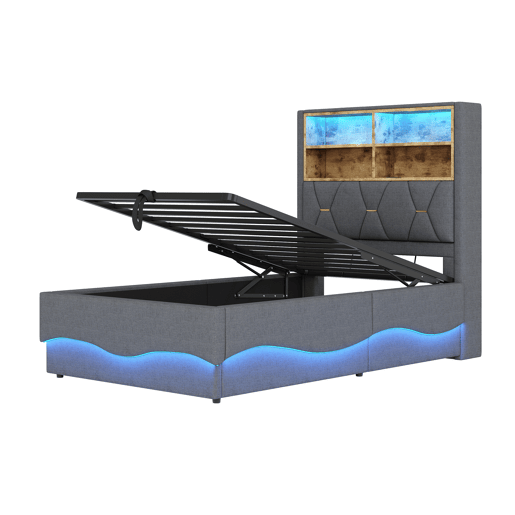 Cama infantil 90x200 cm - Hidráulica com armazenamento, faixa LED controlada por APP, porta USB, estrado de lâminas de metal, estofamento em linho - Cinza