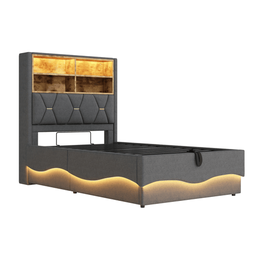 Cama infantil 90x200 cm - Hidráulica com armazenamento, faixa LED controlada por APP, porta USB, estrado de lâminas de metal, estofamento em linho - Cinza