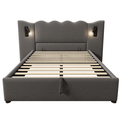 Cama estofada 160x200 com lâmpada de leitura, porta USB Type-C e arrumação - Cinza