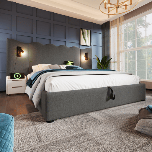 Cama estofada 160x200 com lâmpada de leitura, porta USB Type-C e arrumação - Cinza