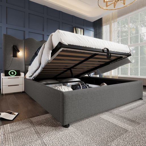 Cama estofada 160x200 com lâmpada de leitura, porta USB Type-C e arrumação - Cinza