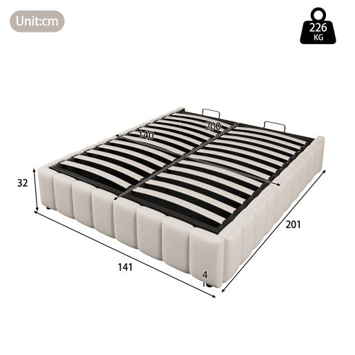 Cama estofada 140x200cm - Armazenamento hidráulico, sem cabeceira, sem colchão - Bege