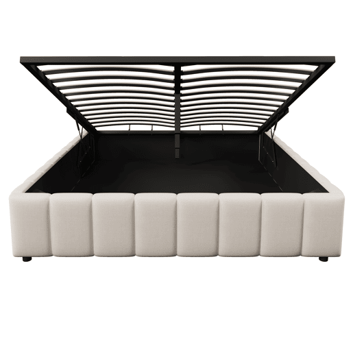 Cama estofada 140x200cm - Armazenamento hidráulico, sem cabeceira, sem colchão - Bege