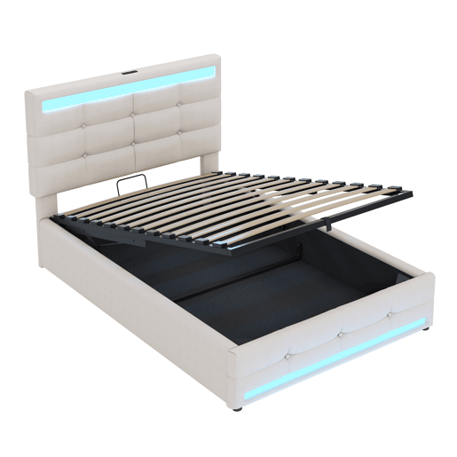 Cama infantil 90*200 - Cama com armazenamento hidráulico, USB e luz LED que muda de cor - Bege