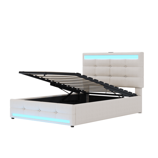 Cama infantil 90*200 - Cama com armazenamento hidráulico, USB e luz LED que muda de cor - Bege