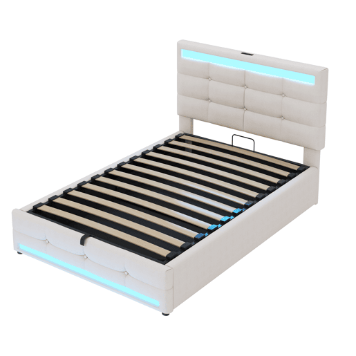 Cama infantil 90*200 - Cama com armazenamento hidráulico, USB e luz LED que muda de cor - Bege