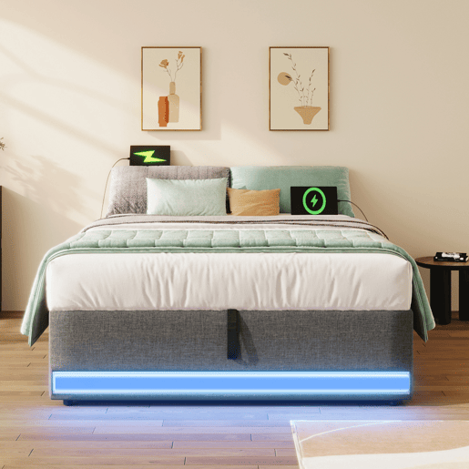 Cama estofada 90*200 cm - Com LED, USB, Tipo C, Armazenamento hidráulico - Cinza