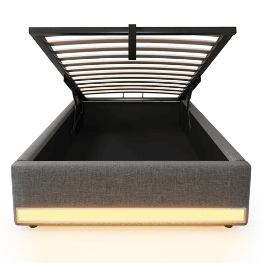 Cama estofada 90*200 cm - Com LED, USB, Tipo C, Armazenamento hidráulico - Cinza