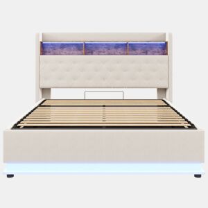 Cama de linho com canapé de 180x200 cm - com LED e tomadas USB - Bege