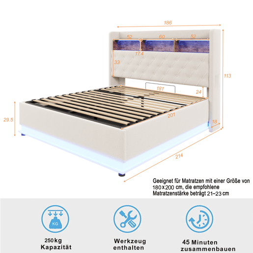 Cama de linho com canapé de 180x200 cm - com LED e tomadas USB - Bege