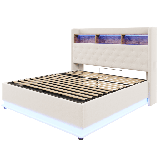 Cama de linho com canapé de 180x200 cm - com LED e tomadas USB - Bege