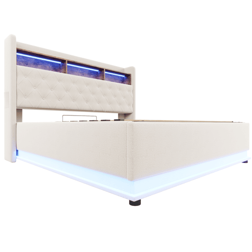 Cama de linho com canapé de 180x200 cm - com LED e tomadas USB - Bege