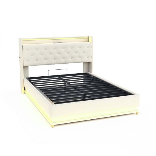Cama confortável estofada com LED 140x200 cm - Com porta de carregamento USB - Tecido de linho - Bege
