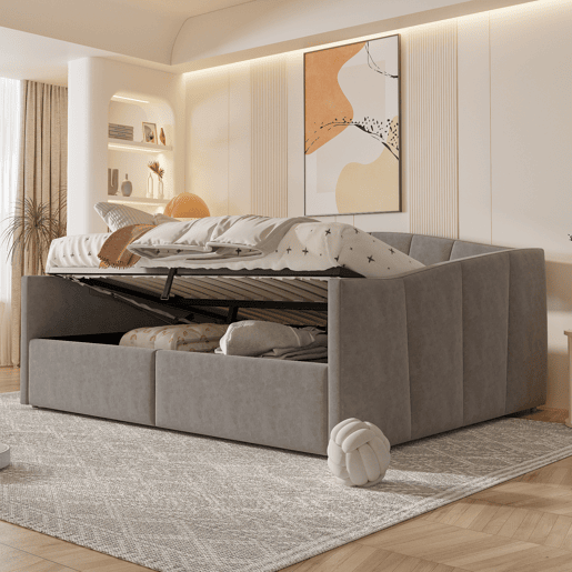 Sofá-cama 140*200 cm - Com armazenamento hidráulico, com estrado e apoios de braços, riscas clássicas, versátil duplo, tecido de veludo, cinzento