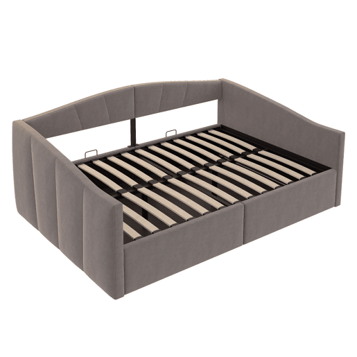 Sofá-cama 140*200 cm - Com armazenamento hidráulico, com estrado e apoios de braços, riscas clássicas, versátil duplo, tecido de veludo, cinzento