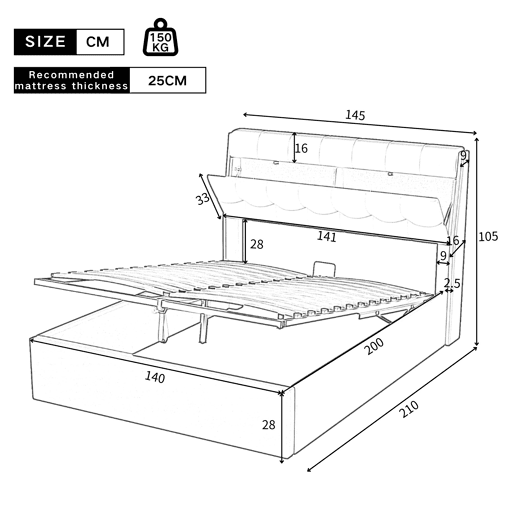 Cama de couro sintético com sofá de 140x200 cm - couro sintético - cabeceira com sofá - Branco