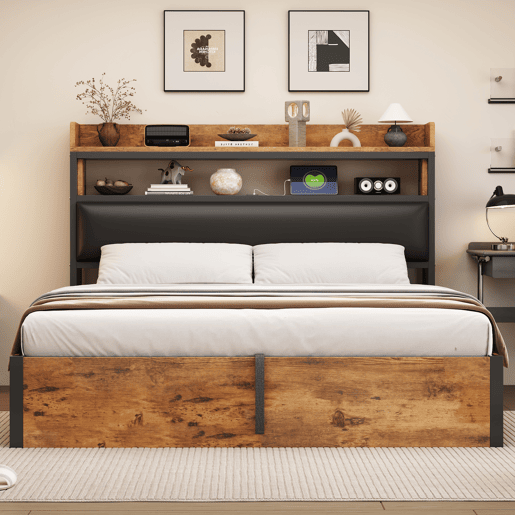 Cama 180x200 - Com elevação hidráulica, USB, cabeceira acolchoada, design vintage em madeira e metal, com arrumação oculta - Preta