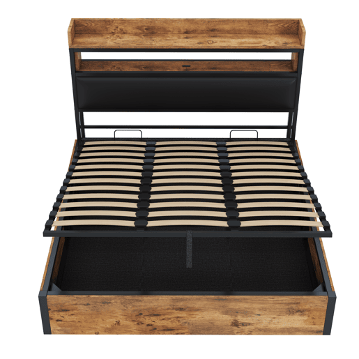 Cama 180x200 - Com elevação hidráulica, USB, cabeceira acolchoada, design vintage em madeira e metal, com arrumação oculta - Preta