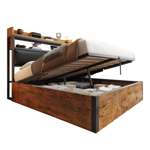 Cama 180x200 - Com elevação hidráulica, USB, cabeceira acolchoada, design vintage em madeira e metal, com arrumação oculta - Preta