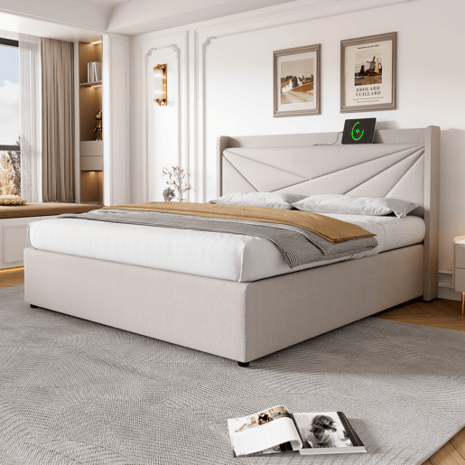 Cama contentora em tecido de linho 140x200 cm - com porta USB e estrado - Bege