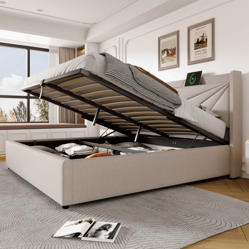 Cama contentora em tecido de linho 140x200 cm - com porta USB e estrado - Bege