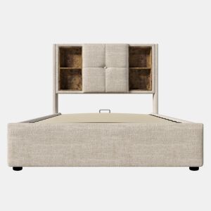 Cama individual 90x200cm - Carregamento sem fios USB-C, com arrumação, base em madeira, linho natural (Com colchão)
