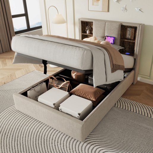 Cama individual 90x200cm - Carregamento sem fios USB-C, com arrumação, base em madeira, linho natural (Com colchão)