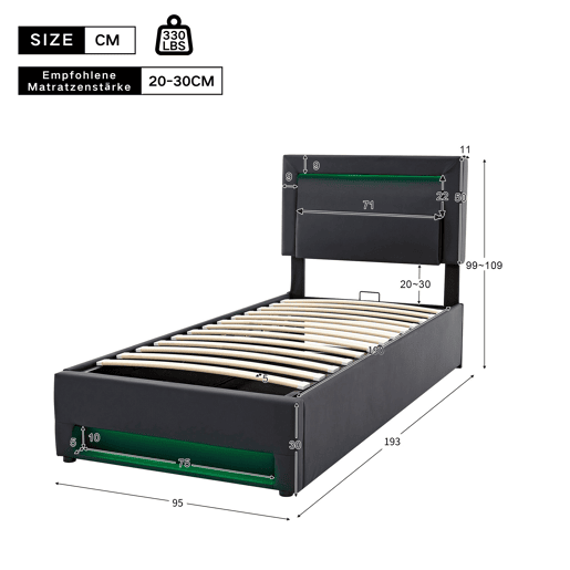 Cama estofada 90 x 190 cm - com USB, carregamento sem fios e com fios, LED e armazenamento - Preto