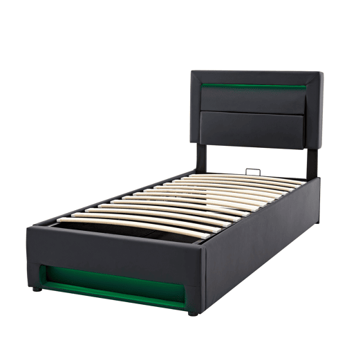 Cama estofada 90 x 190 cm - com USB, carregamento sem fios e com fios, LED e armazenamento - Preto