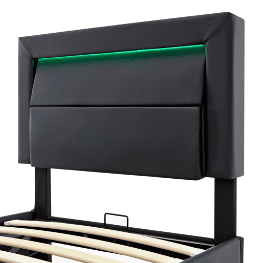 Cama estofada 90 x 190 cm - com USB, carregamento sem fios e com fios, LED e armazenamento - Preto