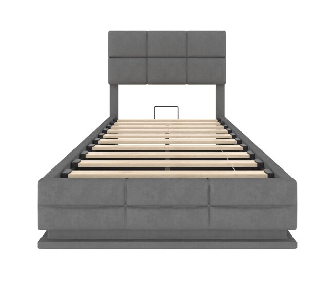 Cama tapizada 90x200 cm - cabecero ajustable, puertos usb/type-c, iluminación led, sistema hidráulico y almacenamiento xxl - gris