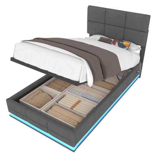 Cama estofada 90x200 cm - Cabeceira ajustável, portas USBType-C, iluminação LED, sistema hidráulico e armazenamento XXL - Cinza