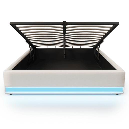 Cama estofada 140*200 cm - LED com comando à distância, USB e Type-C, armazenamento hidráulico - Bege