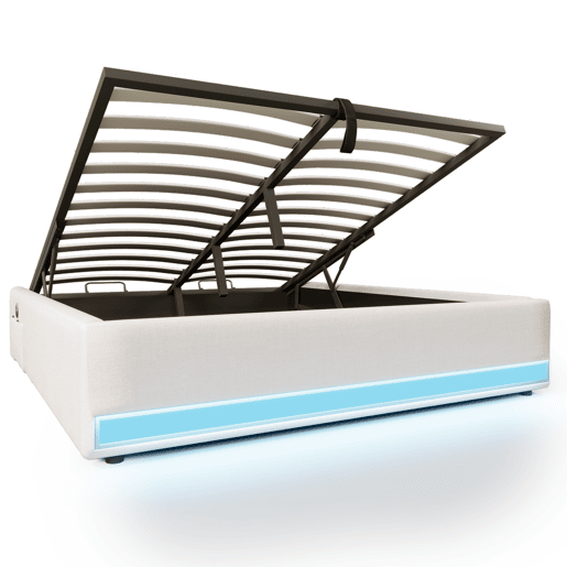 Cama estofada 140*200 cm - LED com comando à distância, USB e Type-C, armazenamento hidráulico - Bege