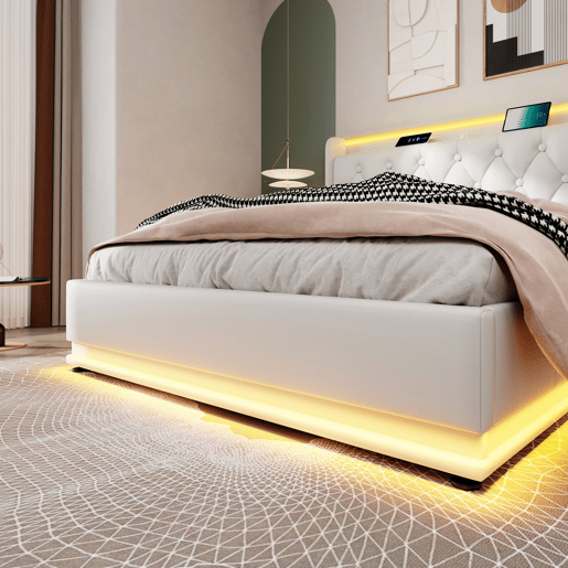 Cama de casal estofada 140*200 - LED 360°, armazenamento hidráulico, cabeceira acolchoada com carregador USB Tipo-C - Branco PU