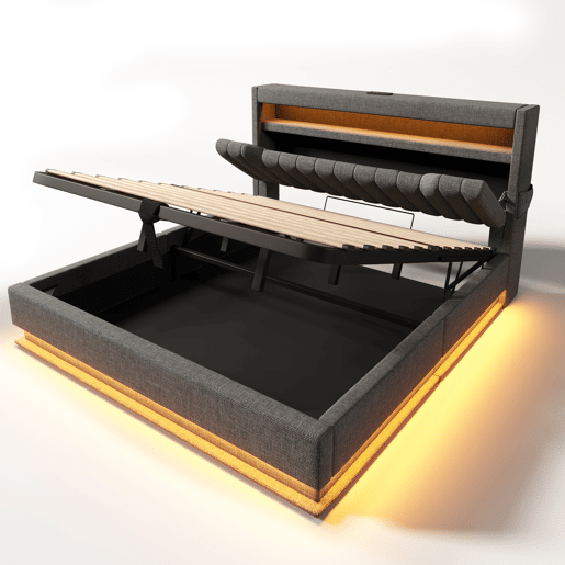 Cama estofada 180x200 cm - Cabeceira com arrumação, portas USB e tipo C, iluminação LED - Cinza