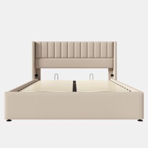 Cama contentora estofada em linho 140x200 cm com estrado de ripas - Bege