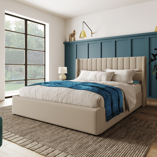 Cama contentora estofada em linho 140x200 cm com estrado de ripas - Bege